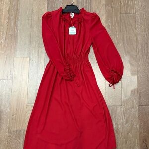 Anne Klein Red Long-Sleeve Smocked-Waist Midi Dress